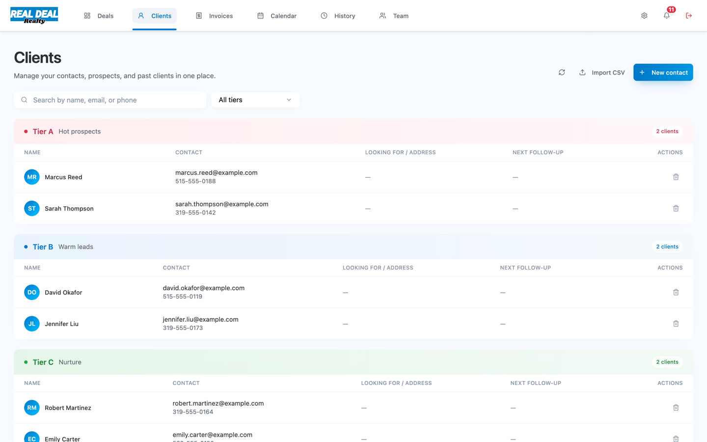 The Real Deal Pro CRM with clients grouped into Hot, Warm, Nurture and Long-term tiers