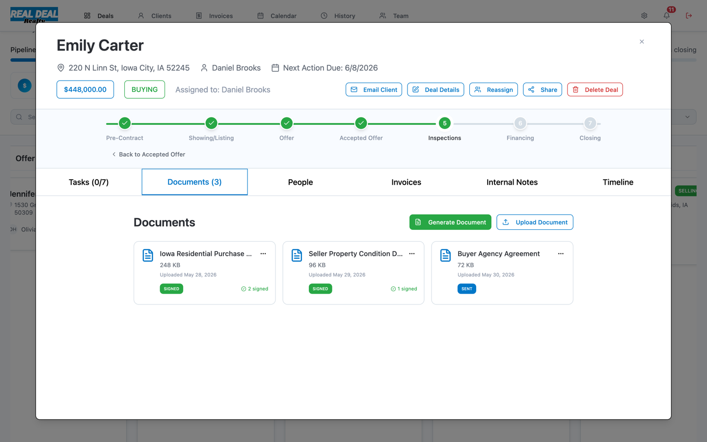 A deal workspace in Real Deal Pro showing a purchase agreement open beside its e-signature panel