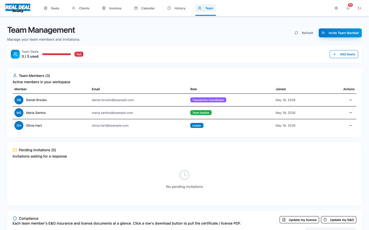 Real Deal team view showing deals assigned across Team Leader, Team Member, and Transaction Coordinator roles